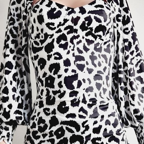 nwot Leopard Print Sweetheart Neck Shirred Cuff Bodycon Dress Size: XS - Picture 3 of 12